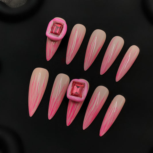 Art Deco Pink Flamed Rhinestone Stiletto Hand Painted Press on Nails. Artificial reusable fake glue on faux manicure nails trendy art.