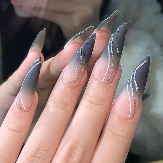 Glamorous Black Tip and Pink Glitter Long Stiletto Hand Painted Press on Nails. Artificial reusable fake glue on faux manicure trendy art.