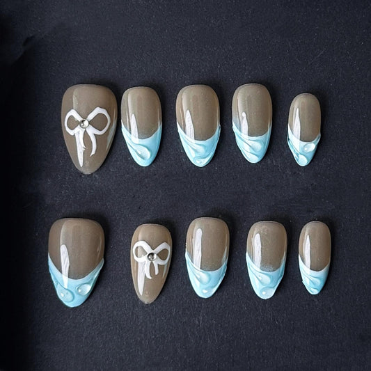 Blue Bow French Tip Press On Nails Manicure press on artificial glue on faux reusable trendy nail