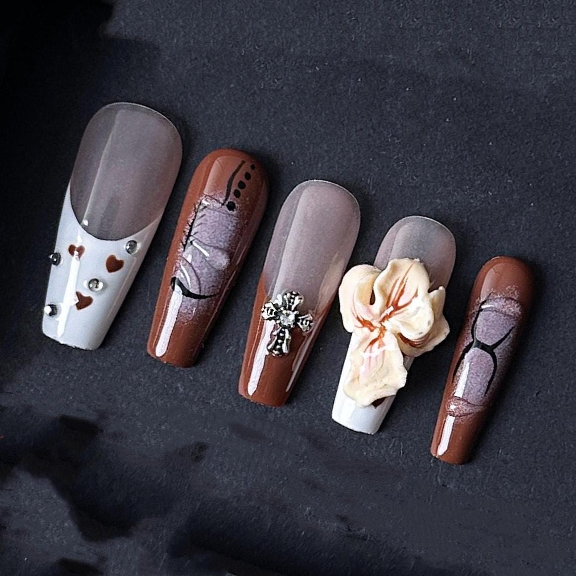 Gothic Romance Cross and Heart Press On Nails Manicure press on artificial glue on faux reusable trendy nail
