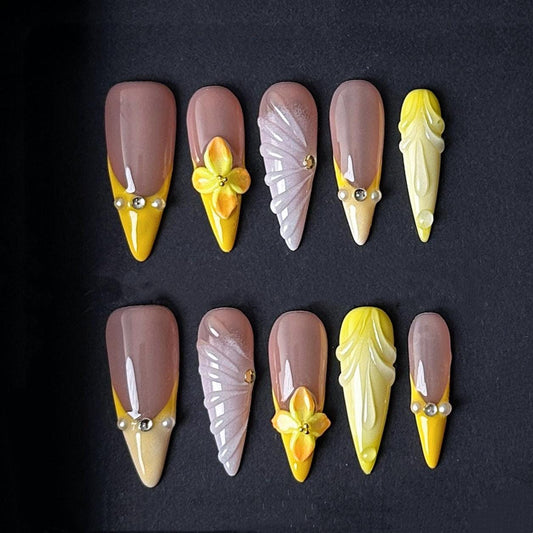 Golden Bloom Sunshine Press On Nails Manicure press on artificial glue on faux reusable trendy nail