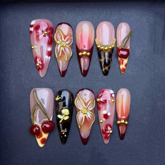 Cherry Gold Bloom Luxury Press On Nails Manicure press on artificial glue on faux reusable trendy nail