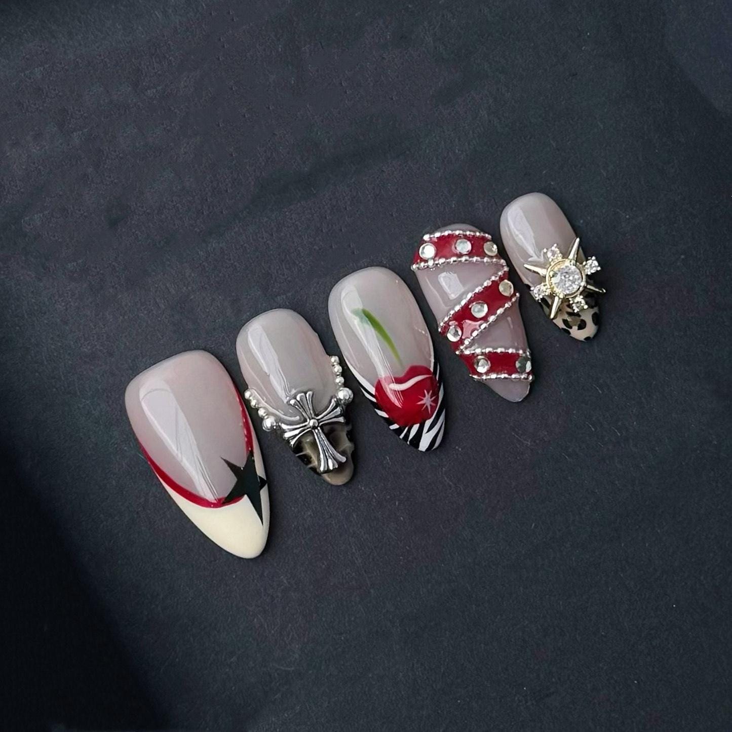 Mocha Gothic Cross and Heart Press On Nails Manicure press on artificial glue on faux reusable trendy nail