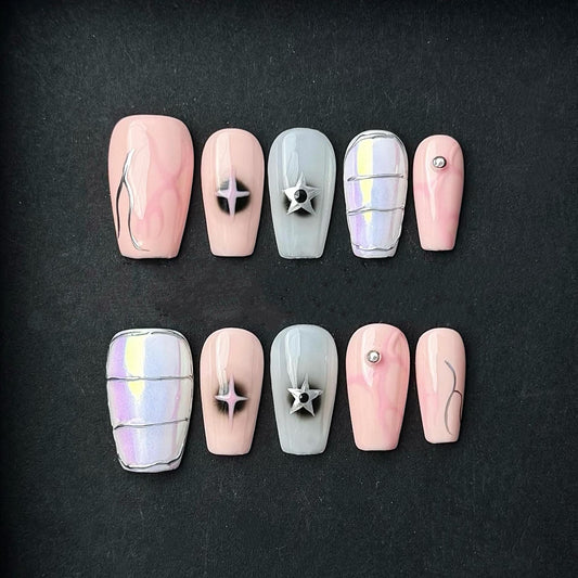 Pastel Galaxy Chrome Star Nails Artificial reusable fake glue on faux manicure nails trendy art