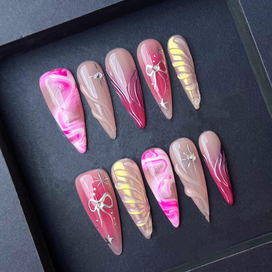 Pink Swirl and Chrome Bow Glam Nails Artificial reusable fake glue on faux manicure nails trendy art