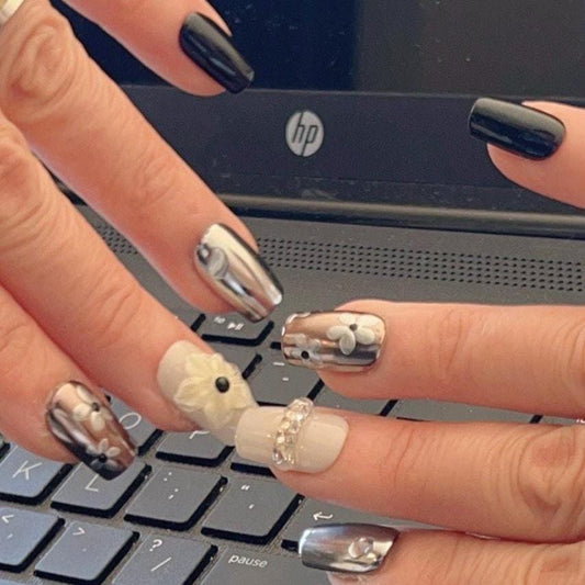 Chrome Daisy Nails – 3D Flower Press On Nails in Black, Nude & Silver Tones glue on artificial faux floral metallic two tone nail art