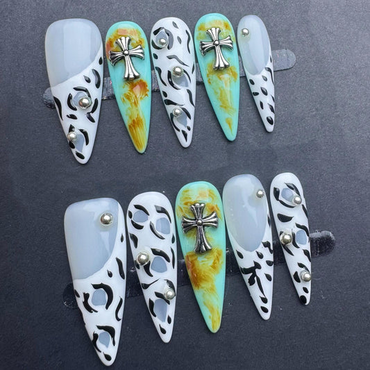 Cow Print and Turquoise Gradient Press-On Nails with Cross Charms. Artificial reusable fake glue on faux manicure nails trendy art.