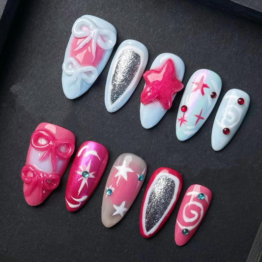 Y2K Pop Princess Press-On Nails with 3D Bows Stars and Glitter Accents. Artificial reusable fake glue on faux manicure nails trendy art.