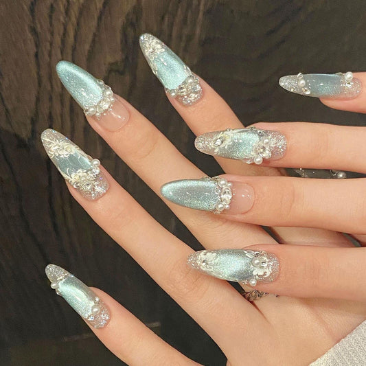 Iridescent Mint Green Glitter Press-On Nail with 3D Pearl and Floral Design. Artificial reusable fake glue on faux manicure nails trendy art