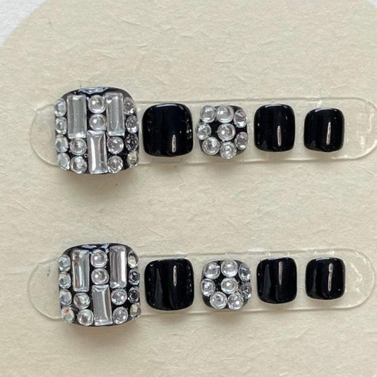 Black Rhinestone Glam Press-On Toenails – Luxury Pedicure Set. Artificial reusable fake glue on faux manicure nails trendy art.