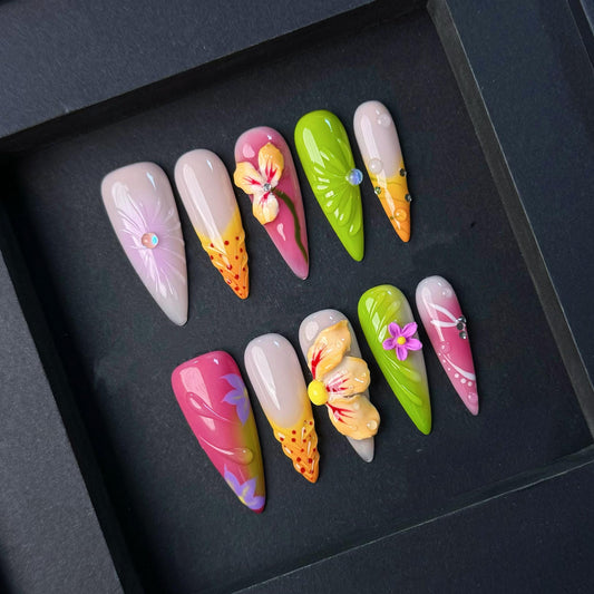 Tropical Bloom Press-On Nail Set – 3D Handcrafted Summer Floral Tips. Artificial reusable fake glue on faux manicure nails trendy art.