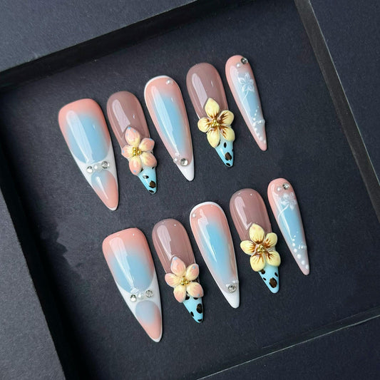 Sunset Blue Ombré Press-On Nails with 3D Blossoms and Animal Print Tips. Artificial reusable fake glue on faux manicure nails trendy art.