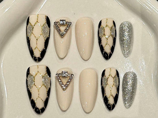 Chic Luxury Nude Black Gold Press On Nails with Rhinestone Charm Silver Glitter Lattice Design Long Almond Glam Reusable Handmade Set