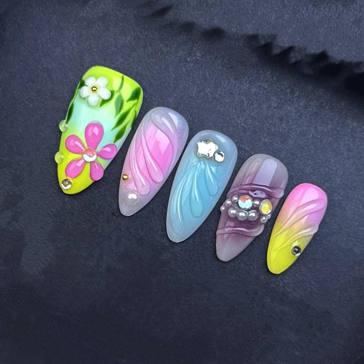 Colorful 3D Tropical Garden Press-On Nail Set – Summer Floral Fantasy. Artificial reusable fake glue on faux manicure nails trendy art.