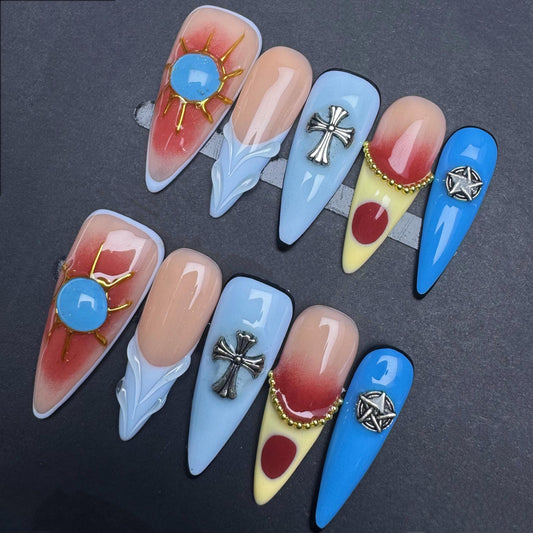 Western Cowboy Symbolic Press-On Nails with Cross and Star Charms. Artificial reusable fake glue on faux manicure nails trendy art.