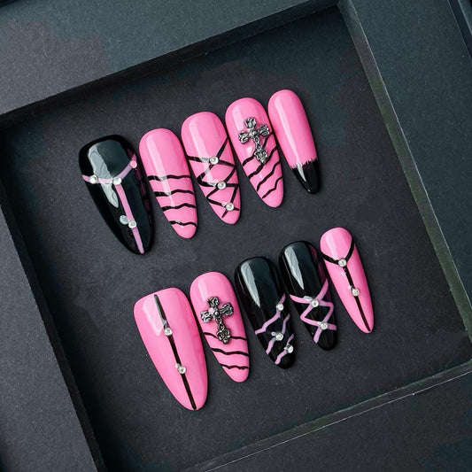 Gothic Pink and Black Cross Press On Nails– Corset Lace Up Fake Nails with Rhinestone Detail. Artificial reusable manicure nails trendy art.