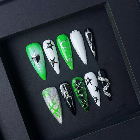 Green Black Alt Press On Nails – Cyber Gothic Chrome Flame and Star Accent Nail Set. Artificial reusable faux manicure nails trendy art.