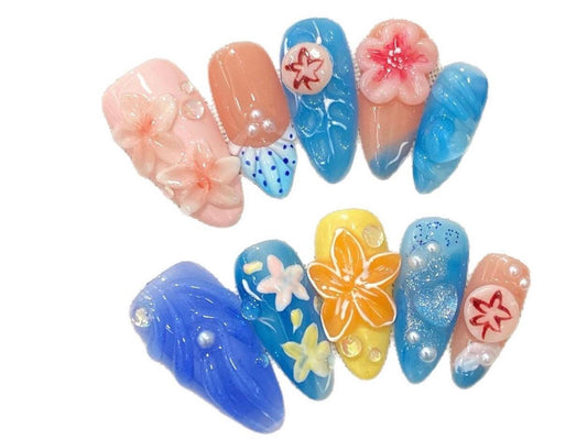 Tropical Ocean Press On Nails with 3D Hibiscus Flowers and Pearls Summer Beach Nail Art in Blue Yellow Coral and Nude Colors
