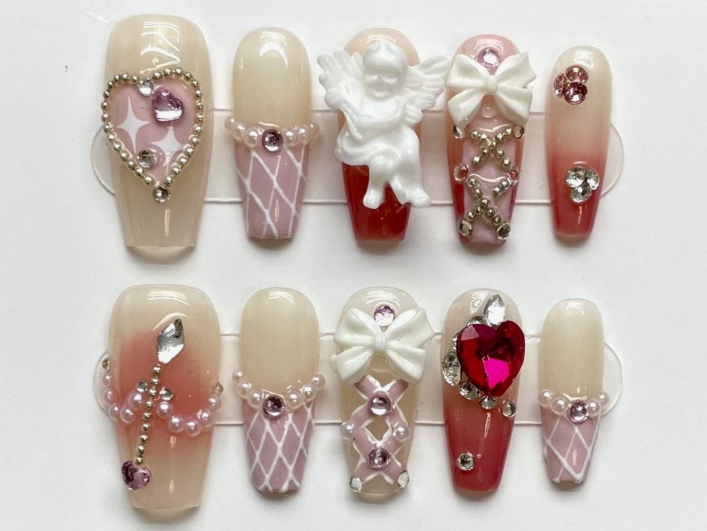 Angelcore Press On Nails with 3D Cherub Hearts Bows and Pearls in Soft Pink and Nude Lolita Romantic Kawaii Long Handmade Nail Art