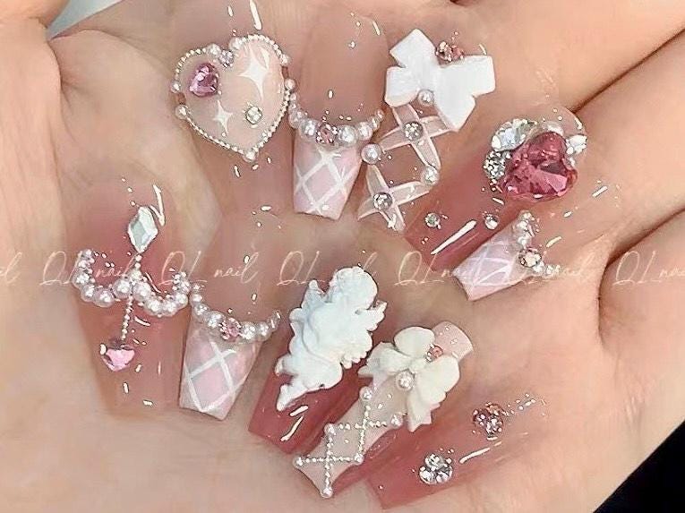 Angelcore Press On Nails with 3D Cherub Hearts Bows and Pearls in Soft Pink and Nude Lolita Romantic Kawaii Long Handmade Nail Art