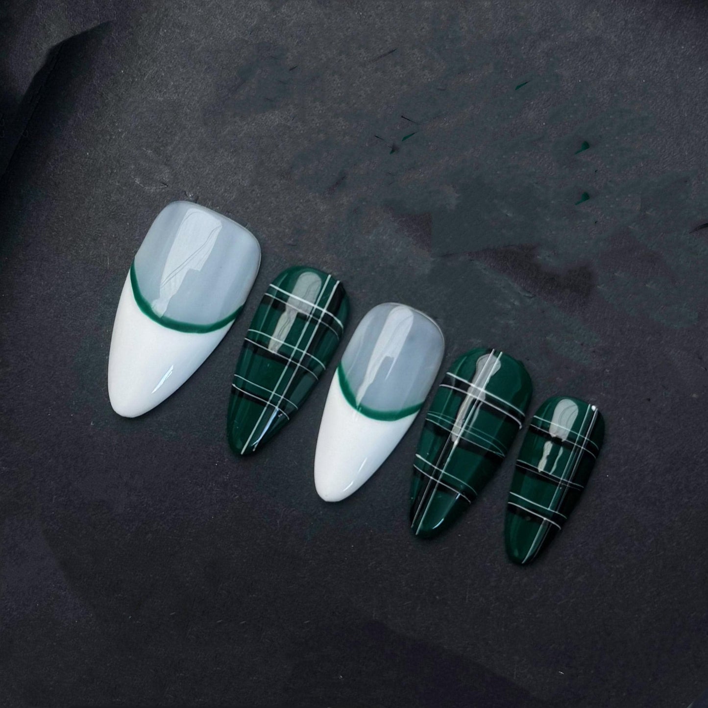Emerald Green Plaid and French Tip Press-On Nails – Bold Modern Tartan Set. Artificial reusable fake glue on faux manicure nails trendy art.