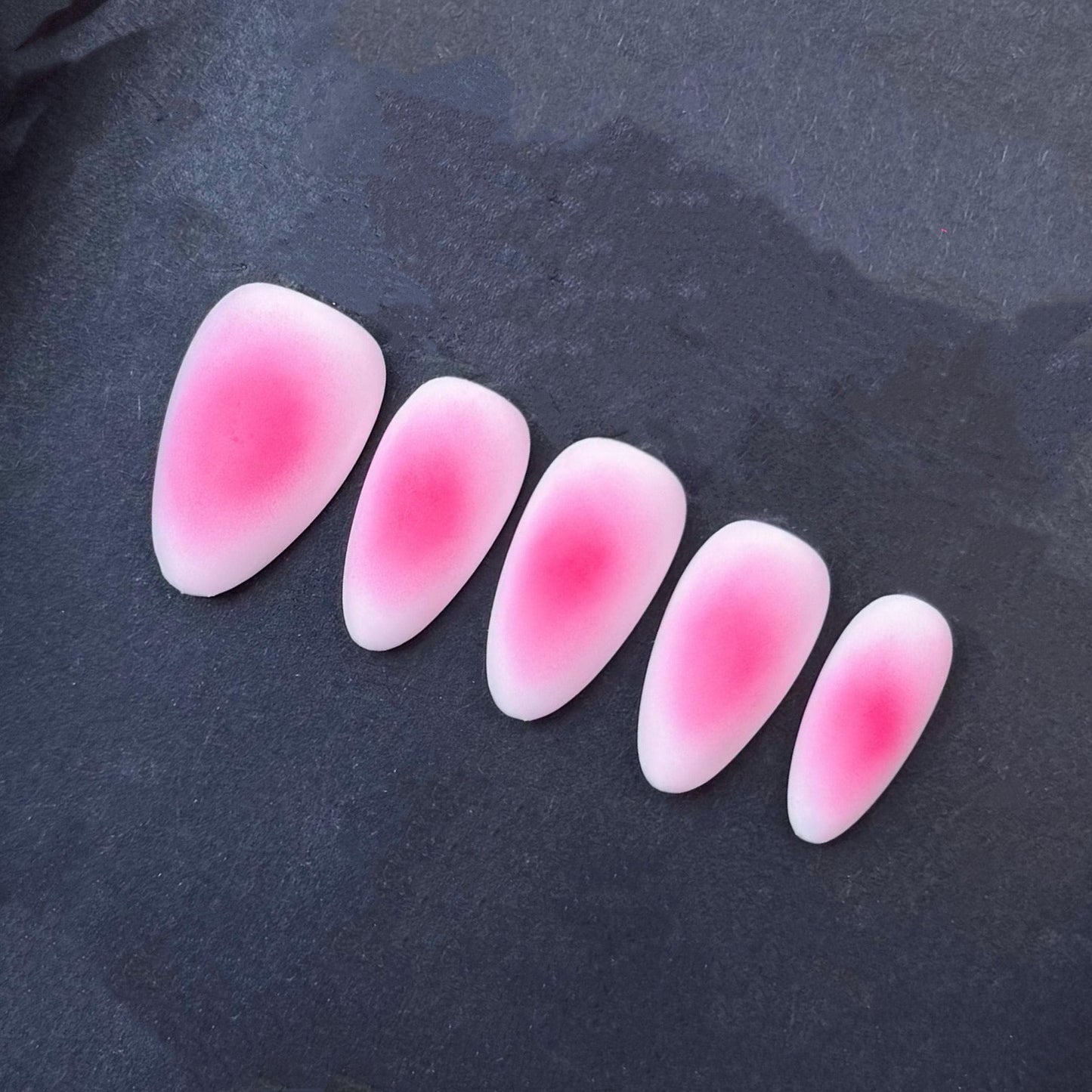Soft Petal Pink Gradient Matte Press-On Nails. Artificial reusable fake glue on faux manicure nails trendy art.