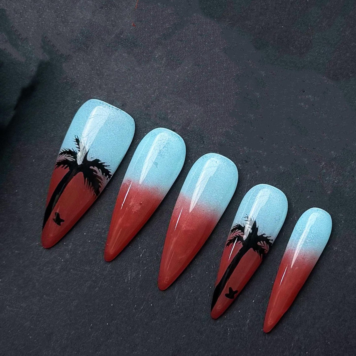 Tropical Sunset Ombre Press-On Nails with Palm Tree Silhouettes. Long Stiletto Set. Artificial reusable fake faux manicure nails trendy art.
