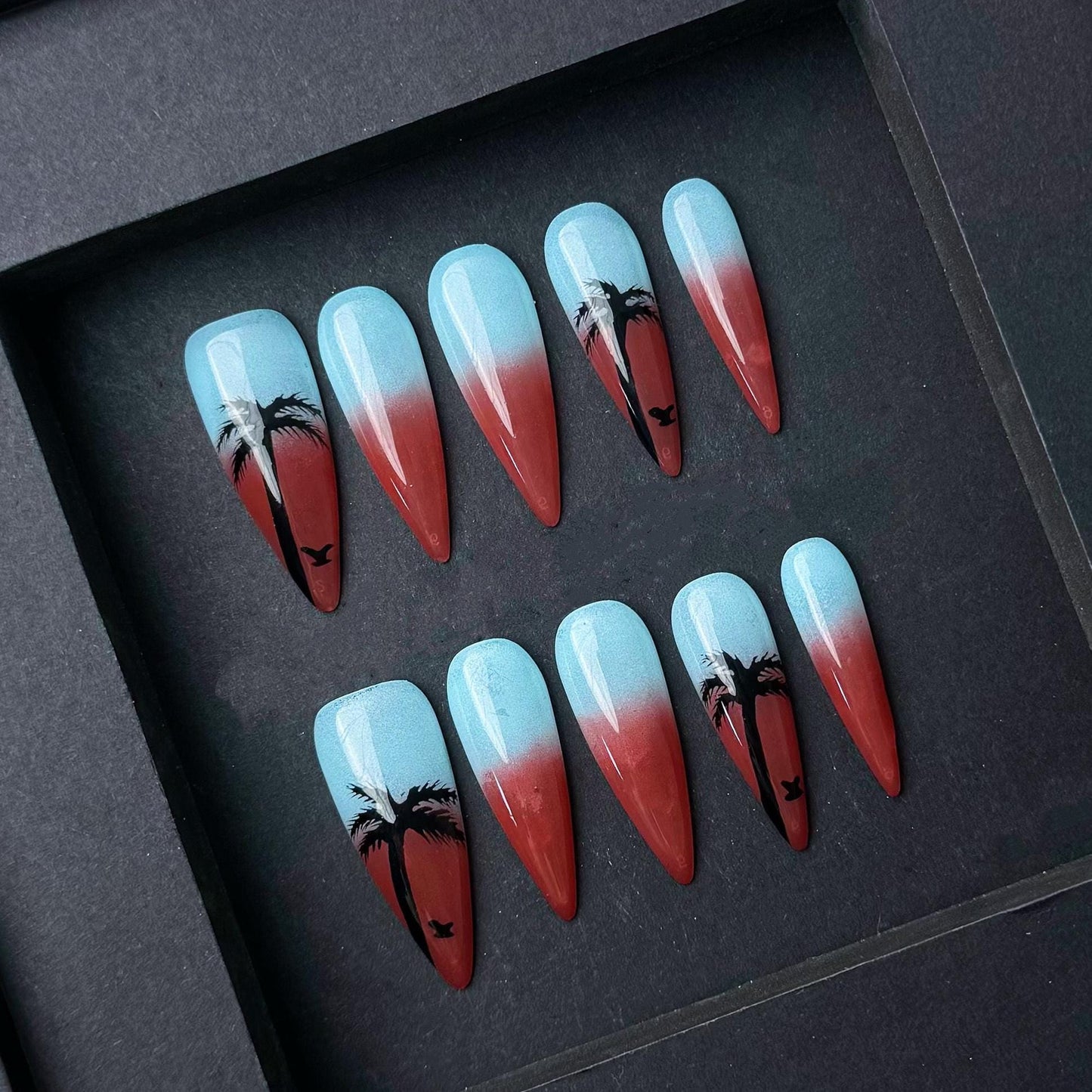Tropical Sunset Ombre Press-On Nails with Palm Tree Silhouettes. Long Stiletto Set. Artificial reusable fake faux manicure nails trendy art.