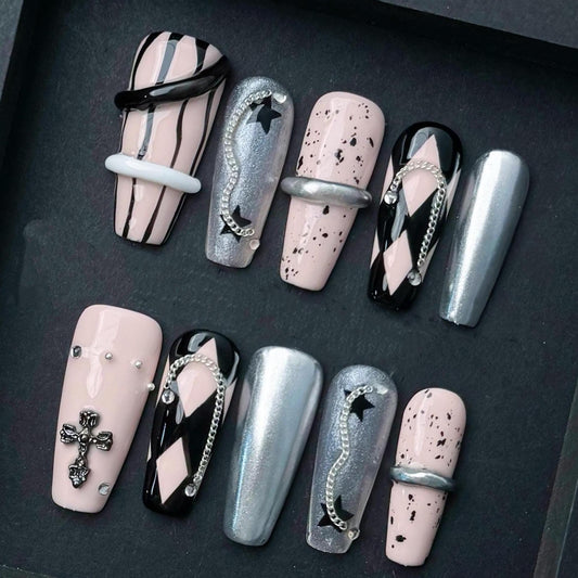 Gothic Harlequin Chrome Press-On Nails – Cross Star Chain Accent Set. Artificial reusable fake glue on faux manicure nails trendy art.