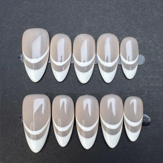 Classic Nude and White French Curve Press-On Nails. Artificial reusable fake glue on faux manicure nails trendy art.