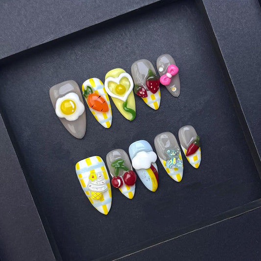 Kawaii Breakfast Picnic Press-On Nails –3D Food Theme with Gingham Pattern. Artificial reusable fake glue on faux manicure nails trendy art.