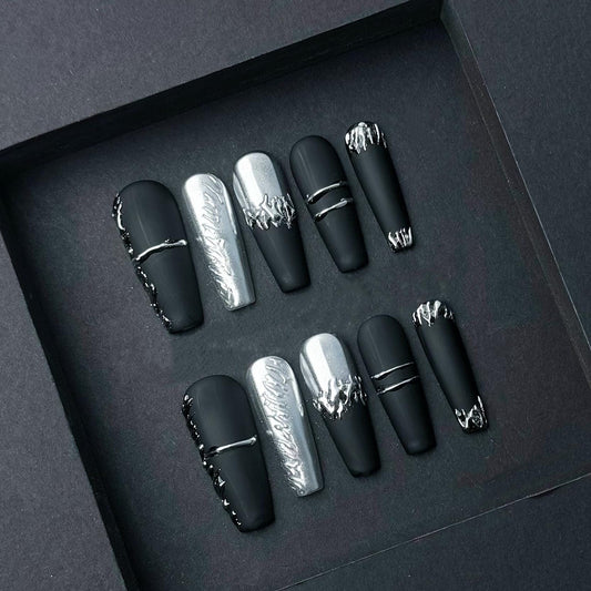 Black and Silver Chrome Flame Press-On Nails – 3D Drip Texture on Matte Coffin Set. Artificial reusable fake glue on faux manicure nail art.