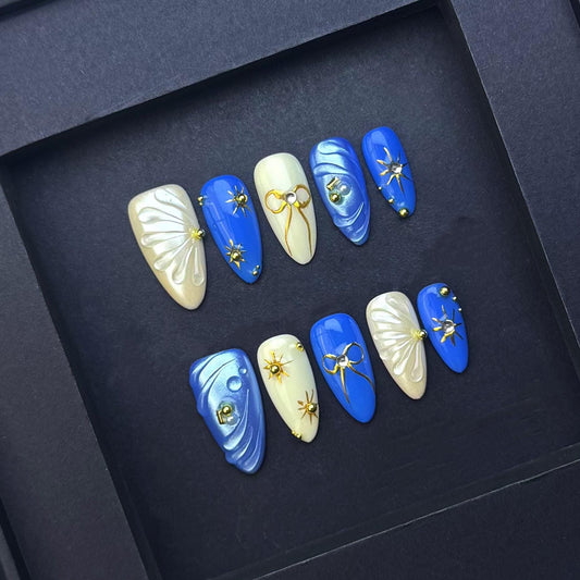 Royal Blue and Pearl Press On Nails with Gold Starbursts and 3D Bows artificial reusable fake glue on faux manicure nails trendy art