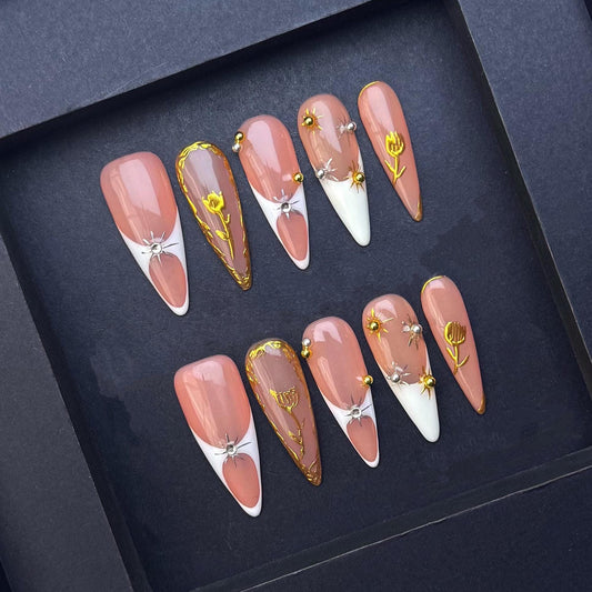 Nude and White Press On Nails with Gold Floral Accents and Rhinestones artificial reusable fake glue on faux manicure nails trendy art