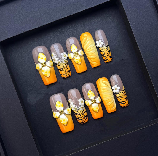 Yellow and Brown 3D Floral Press On Nails with Tiger Stripes  Petal Accents artificial reusable fake glue on faux manicure nails trendy art