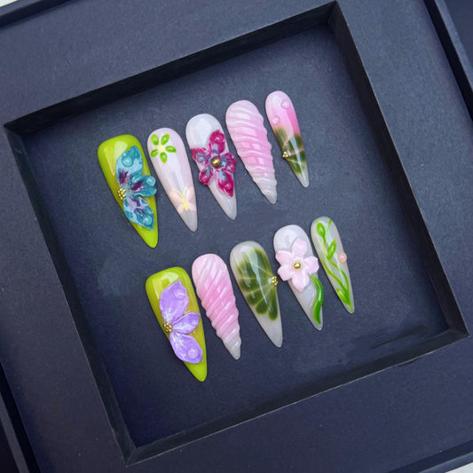 3D Floral and Butterfly Garden Press On Nails in Pink Green and Pastel Tones artificial reusable fake glue on faux manicure nails trendy art