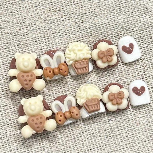 Teddy Bear Cupcake Bunny Kids Press On Nails–Sweet Bakery Brown 3D Nail Set. Artificial reusable fake glue on faux manicure nail trendy art.