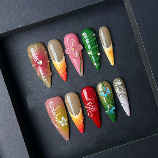 Tropical Garden Press-On Nails with 3D Floral Accents and Gradient Tips. Artificial reusable fake glue on faux manicure nails trendy art.