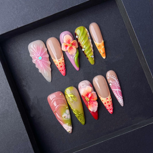 Vibrant Tropical Floral Press-On Nails with 3D Details and Gem Accents. Artificial reusable fake glue on faux manicure nails trendy art.