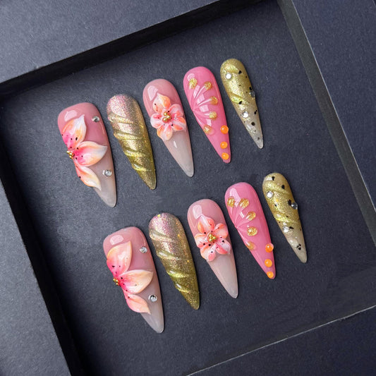 3D Pink Floral & Gold Glitter Press-On Nails – Stiletto Glam Set. Artificial reusable fake glue on faux manicure nails trendy art.