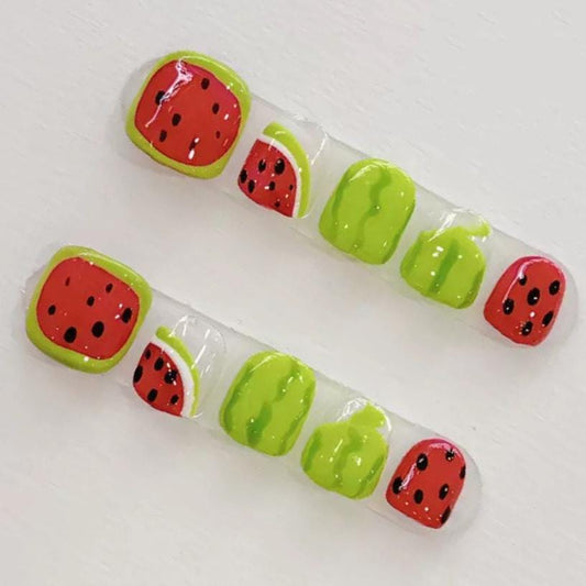 Watermelon Kids Press On Toenails Summer Fruit Nail Art for Girls. Artificial reusable fake glue on faux manicure nails trendy art.
