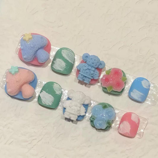 Cute 3D Animal Cloud Press On Nails for Kids Pastel Cartoon Nail Set with Bear Bunny and Flowers. Artificial reusable manicure trendy art.