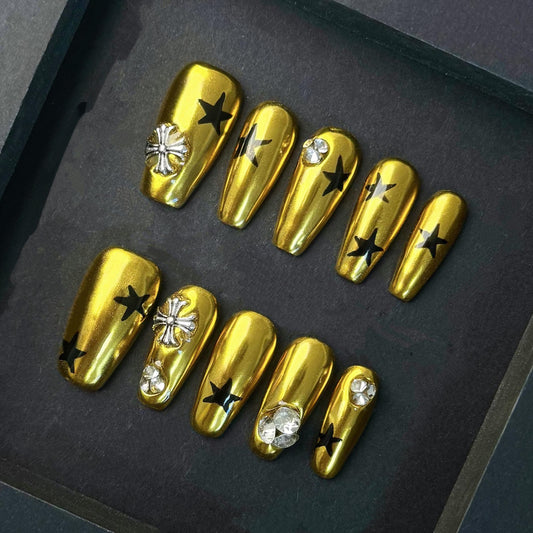 Gold Chrome Star Press On Nails with Rhinestones and Charms Glam Rock Style. Artificial reusable fake glue on faux manicure nails trendy art