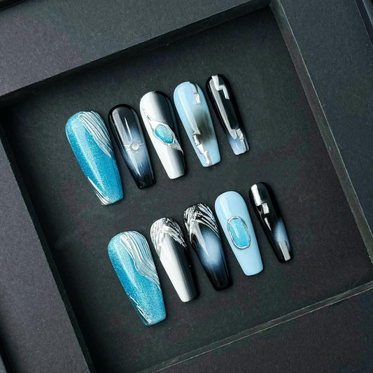 Blue Black and Silver Abstract Press On Nails with Metallic Accents and Swirls. Artificial reusable glue on faux manicure nails trendy art.