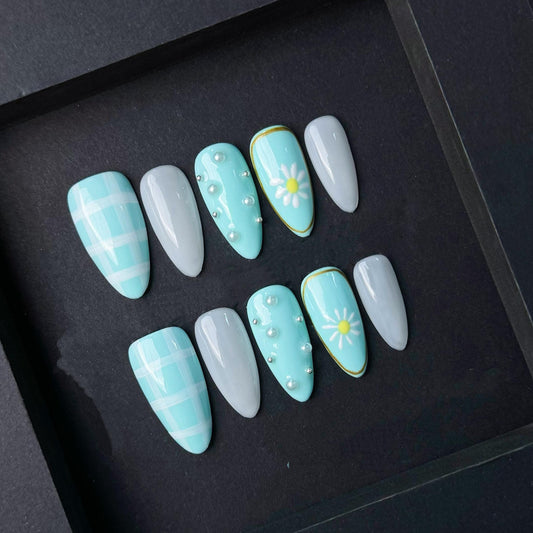 Pastel Blue Plaid and Daisy Press On Nails with Pearls and Glossy Gray Accents. Artificial reusable fake glue on manicure nails trendy art.