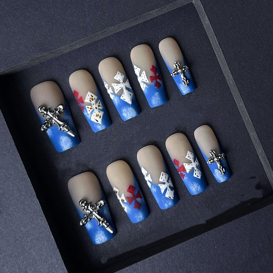Gothic Cross Press On Nails with Blue Smoke Gradient and 3D Silver Charms. Artificial reusable fake glue on faux manicure nails trendy art.
