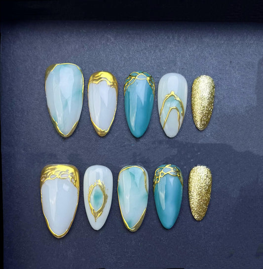 Ocean Gemstone Marble Press On Nails with Gold Foil Accents and Glitter Tips Press on Glue on Artificial Faux Nails