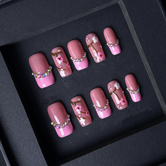 Cherry Blossom Rhinestone Press On Nails in Mauve and Pink Gradient Artificial reusable fake glue on faux manicure nails trendy art