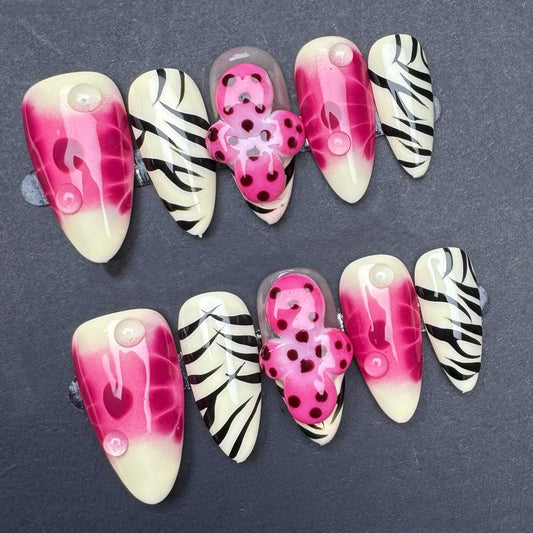 Hot Pink Zebra Print Press On Nails with 3D Flamingo Accents and Bubbles. Artificial reusable fake glue on faux manicure nails trendy art.