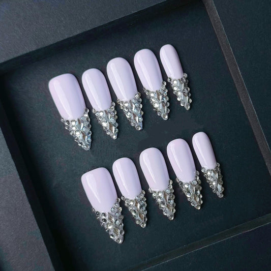 Icy Lavender Press On Nails –Diamond-Cut Rhinestone Clusters on Glossy Lilac Base. Artificial reusable fake glue on faux manicure nails art.